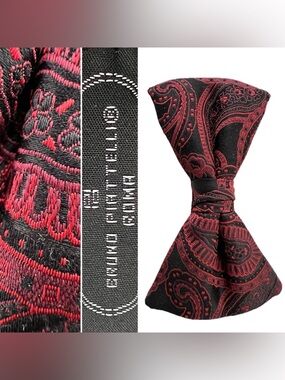 🇮🇹Bruno Piattelli Roma Silk Pre-Tied Bow Tie | Maroon & Black Paisley Adjustable